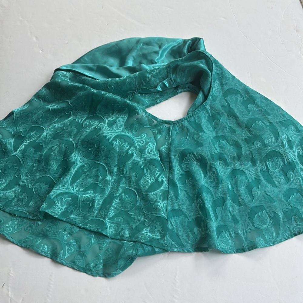 Vintage 90’s Collared Preppy Silky Teal Sleeveless Cropped Top Shirt Large Swing - Picture 11 of 17